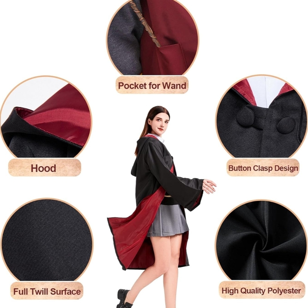 Black and Red Hooded Cloak with Wand Pocket